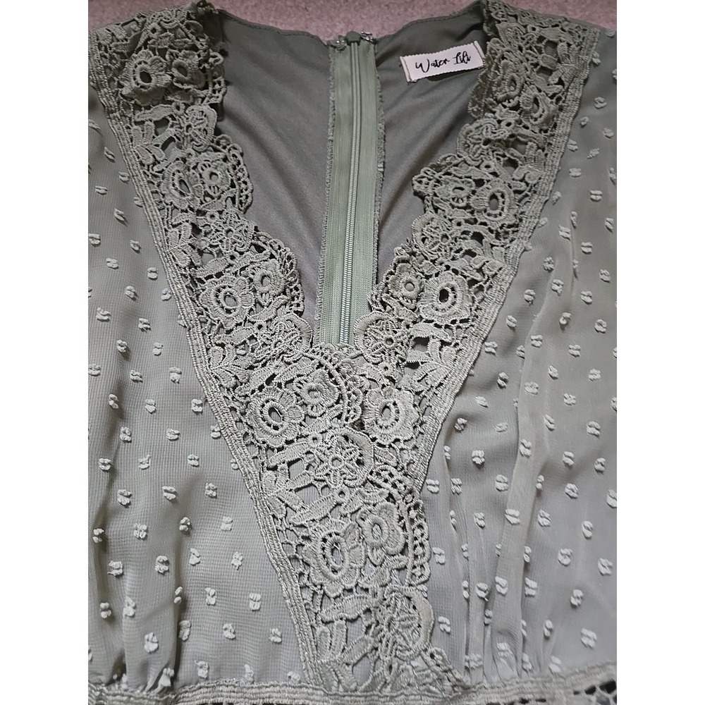 WATER LILY Lace Trim Olive Green Maxi Dress Size Medium M Tiered - Picture 9 of 16
